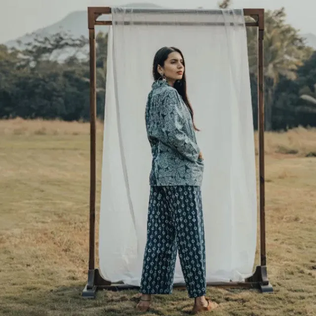 Indigo Clothes | Cotton Notch Lapel Blazer With Patchwork Pants