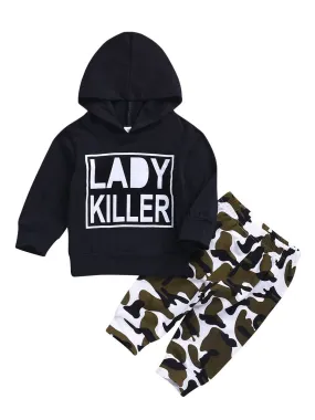 Infant Boys Girls Outfits LADY KILLER Hoodie   Camouflage Pants 2-Piece Spring