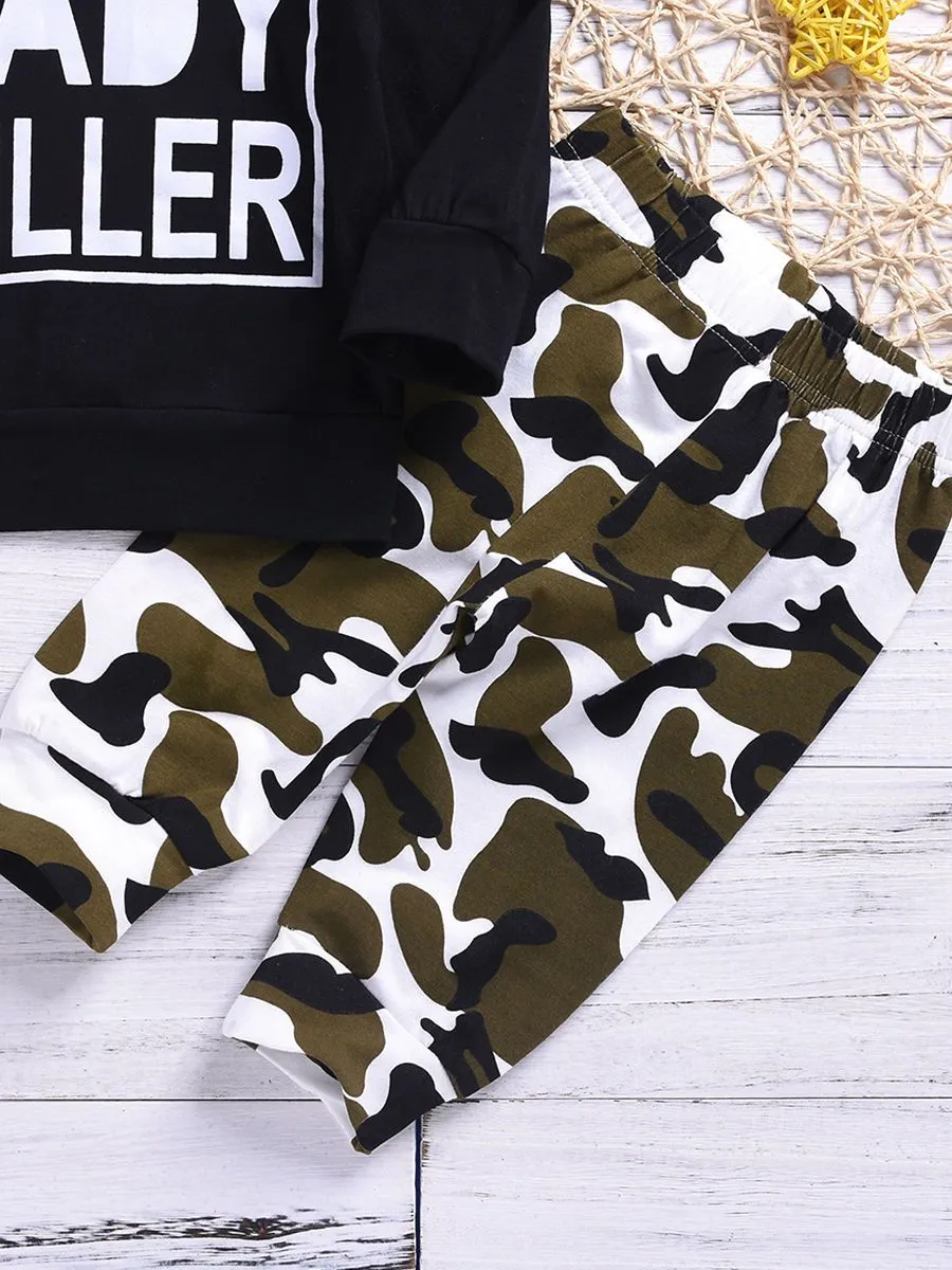 Infant Boys Girls Outfits LADY KILLER Hoodie   Camouflage Pants 2-Piece Spring
