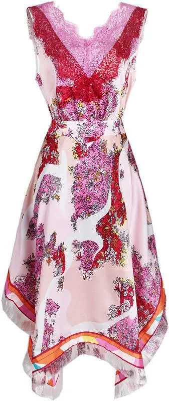 Lace Detail Floral Print Sleeveless Top and Fringed Floral Print Asymmetric Skirt