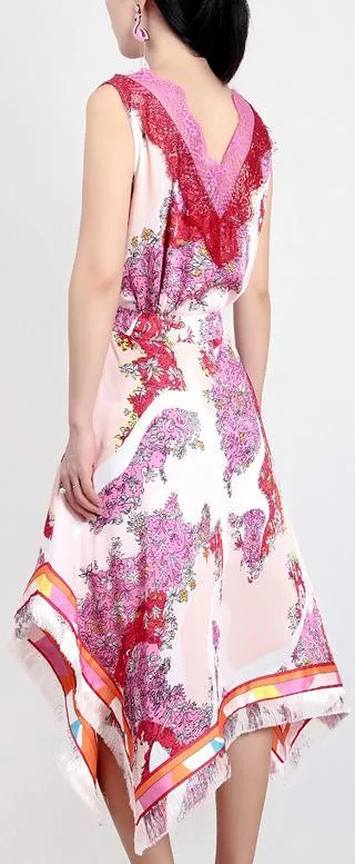 Lace Detail Floral Print Sleeveless Top and Fringed Floral Print Asymmetric Skirt
