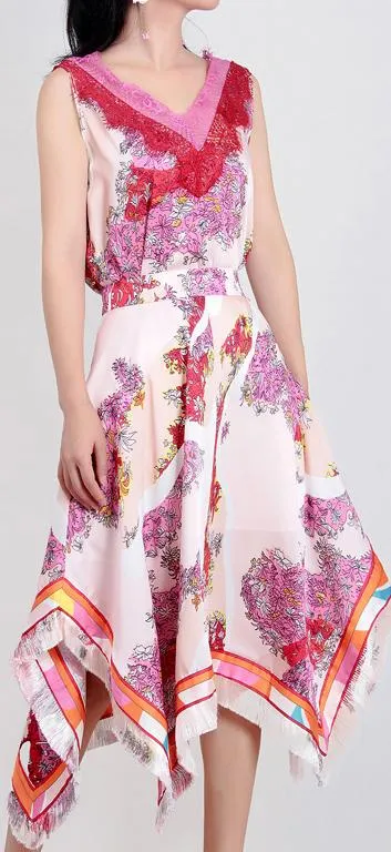 Lace Detail Floral Print Sleeveless Top and Fringed Floral Print Asymmetric Skirt
