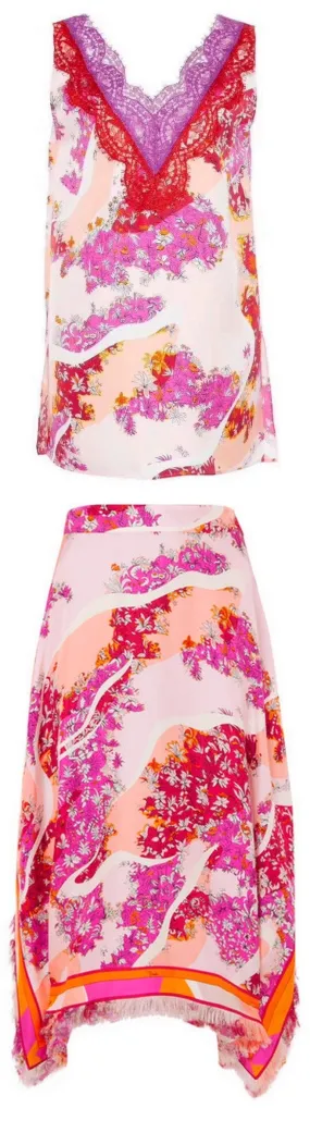 Lace Detail Floral Print Sleeveless Top and Fringed Floral Print Asymmetric Skirt