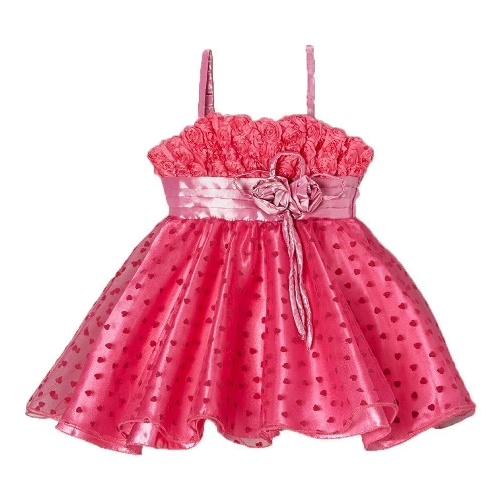 Little Girls Hot Pink Rosette Bodice Heart Print Flowers Attached Dress 0-7