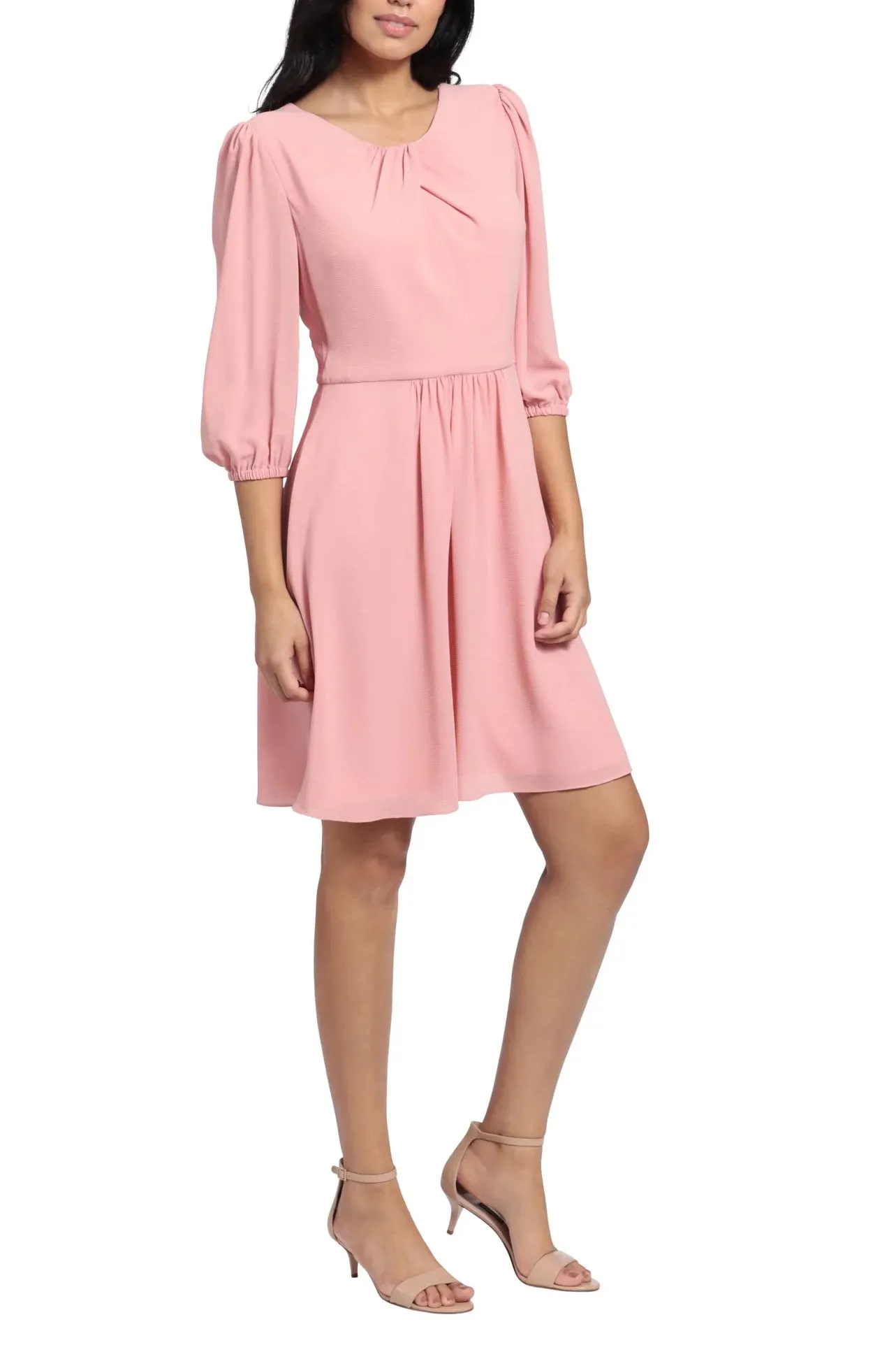 London Times Pleated Scoop Neck Elbow Sleeve Solid Fit & Flare Crepe Dress