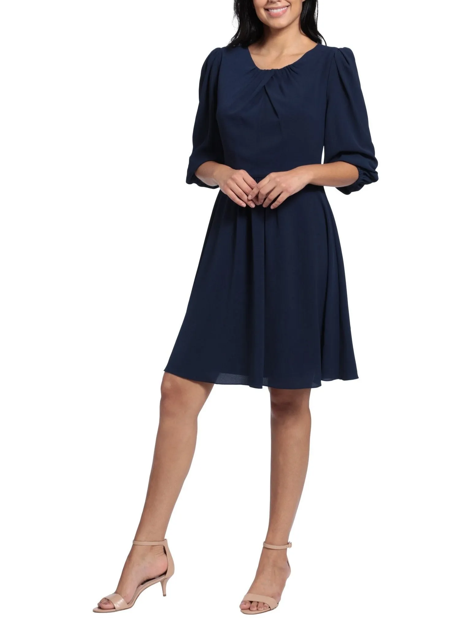 London Times Pleated Scoop Neck Elbow Sleeve Solid Fit & Flare Crepe Dress