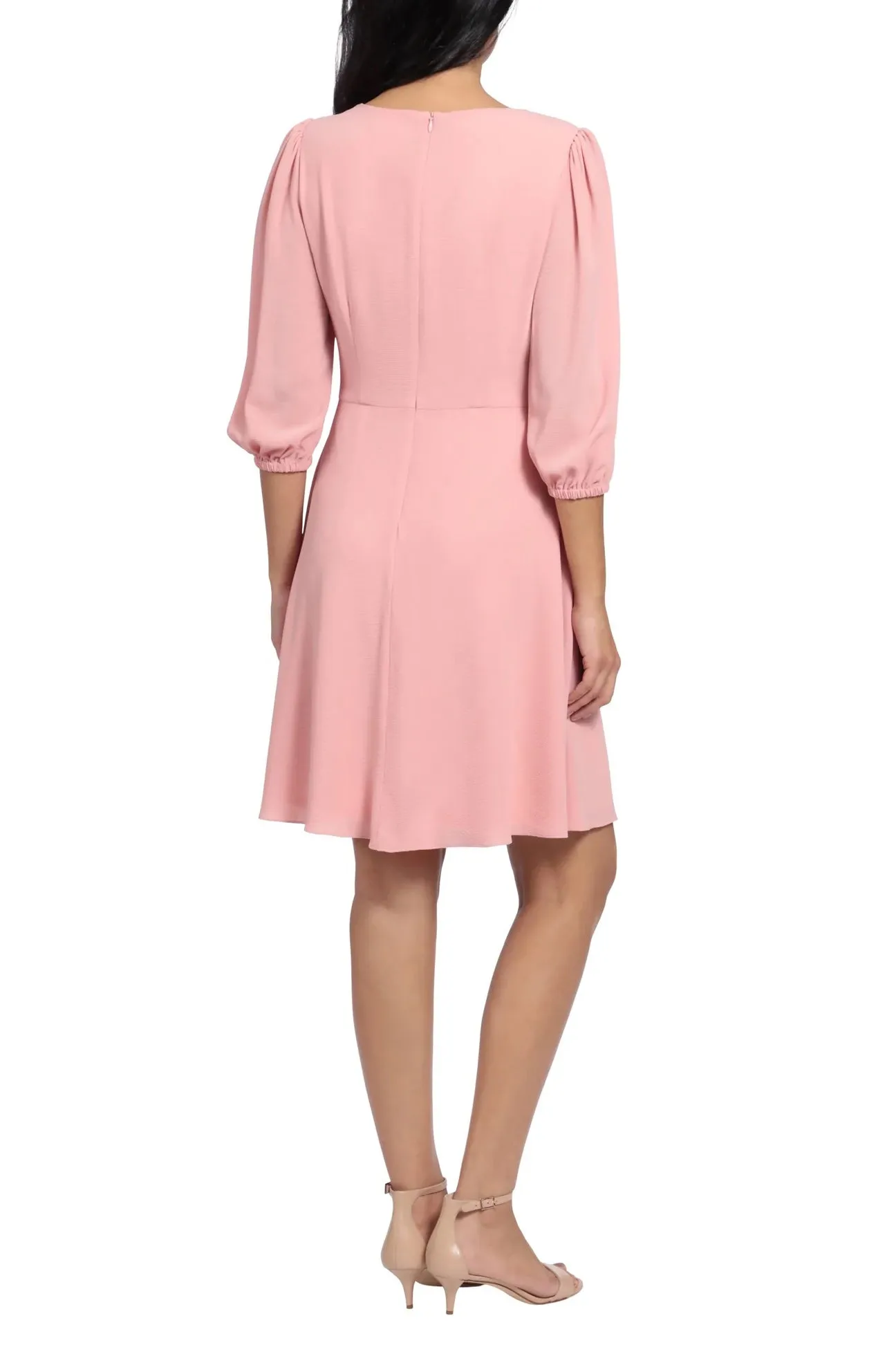 London Times Pleated Scoop Neck Elbow Sleeve Solid Fit & Flare Crepe Dress