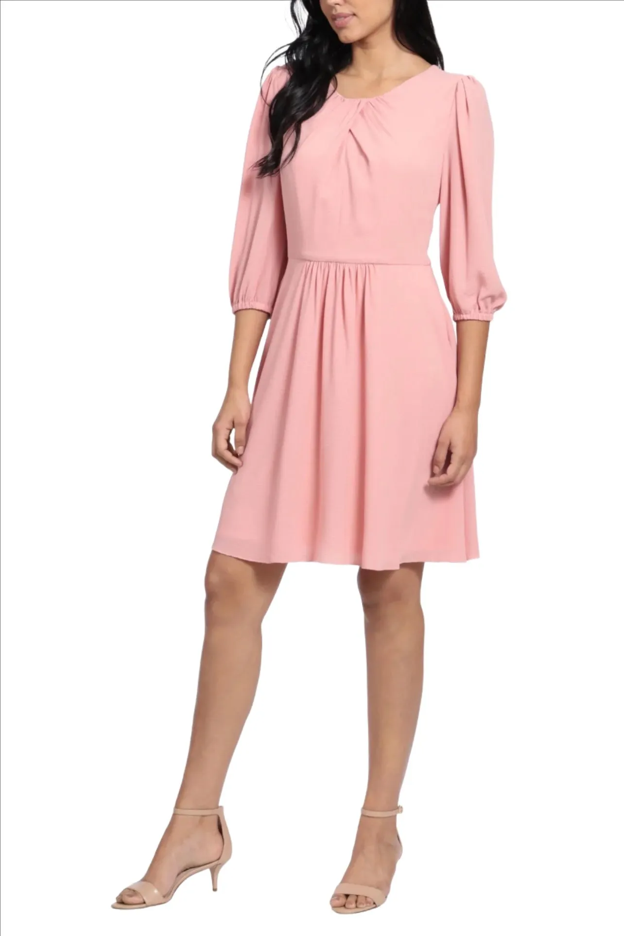 London Times Pleated Scoop Neck Elbow Sleeve Solid Fit & Flare Crepe Dress