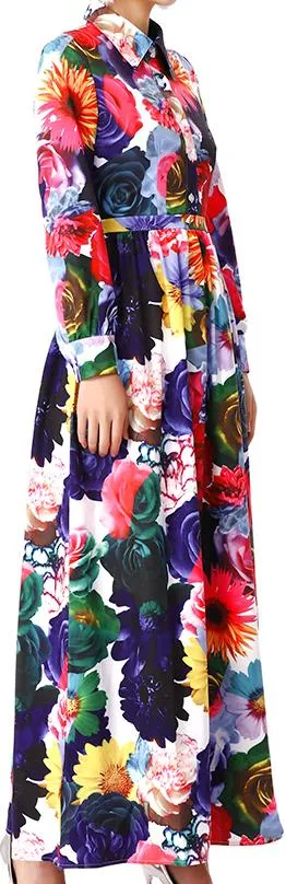 Long Multi Colored Floral-Print Shirt Dress