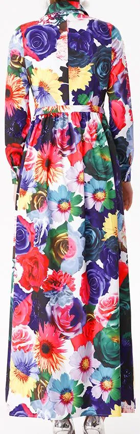 Long Multi Colored Floral-Print Shirt Dress