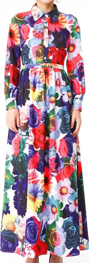 Long Multi Colored Floral-Print Shirt Dress