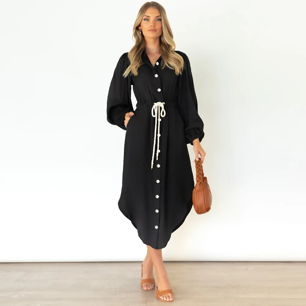 Long-sleeved temperament shirt mid-length tie-up waist dress