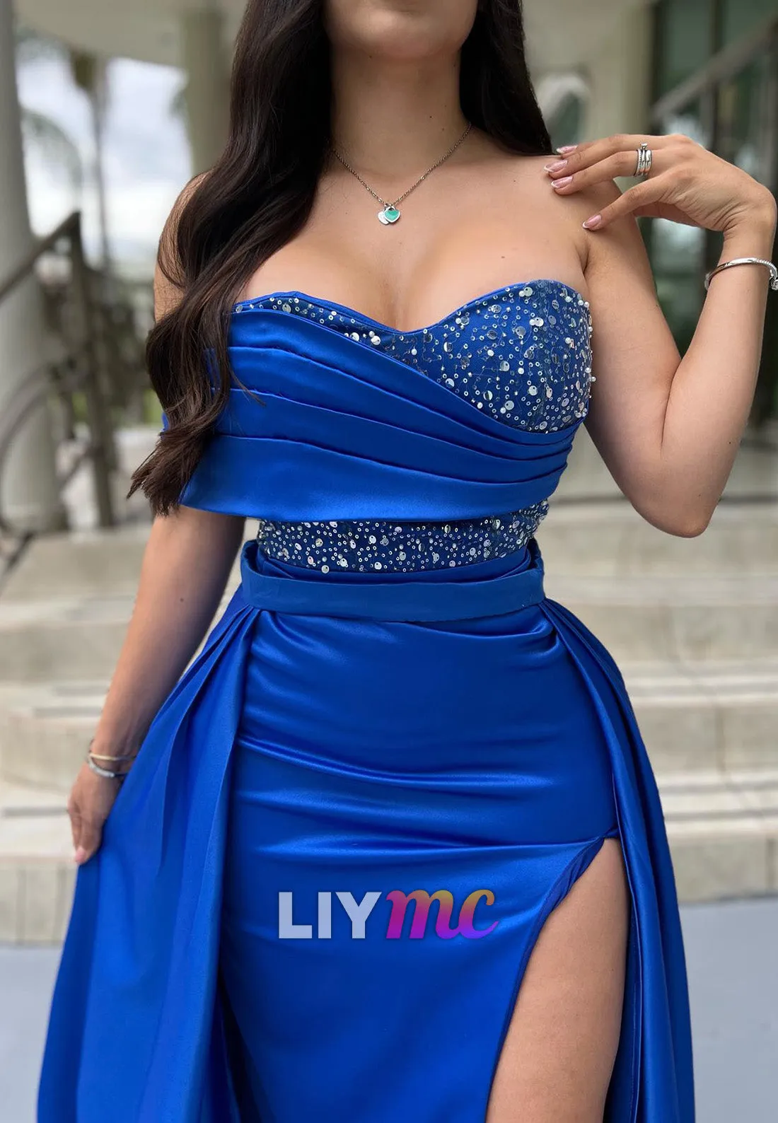 LP2167 - Sweetheart Sleeveless Beaded High Slit Pleated Satin Prom Dress