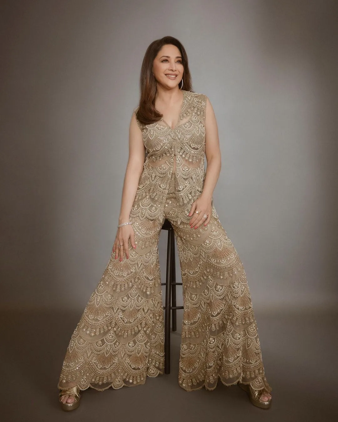 MADHURI DIXIT IN GOLD EMBELLISHED GARARA JACKET SET
