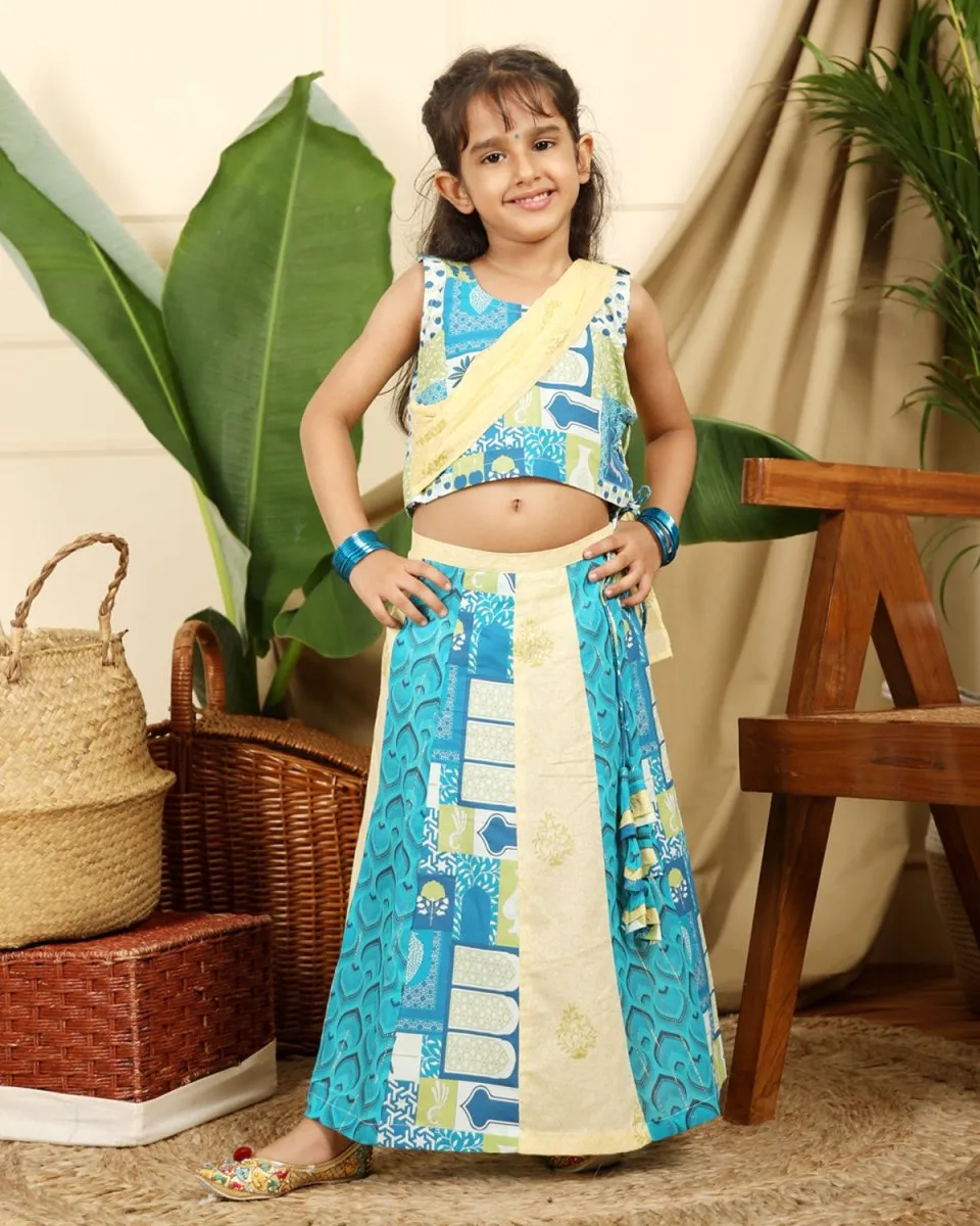 Manara Girls Ethnic Cotton Kali Lehenga Set with Dupatta