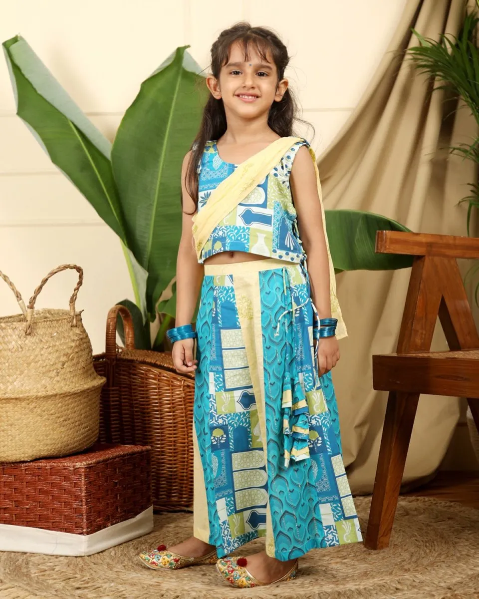 Manara Girls Ethnic Cotton Kali Lehenga Set with Dupatta
