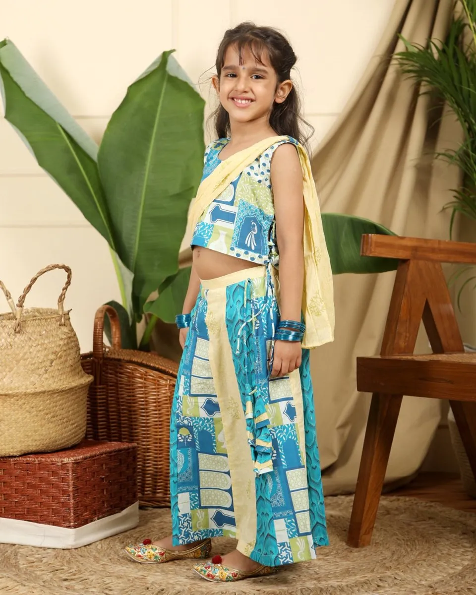Manara Girls Ethnic Cotton Kali Lehenga Set with Dupatta