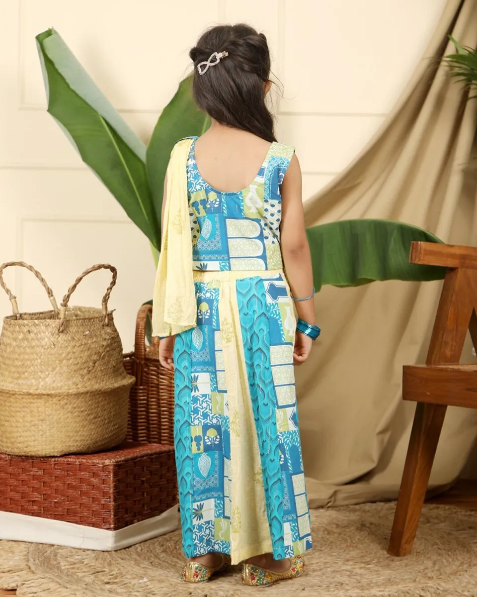Manara Girls Ethnic Cotton Kali Lehenga Set with Dupatta