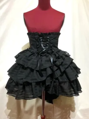 【MARBLE】マーブル　ハイウエスト編み上げスパイラルフリルスカート：黒×黒ストライプフリル