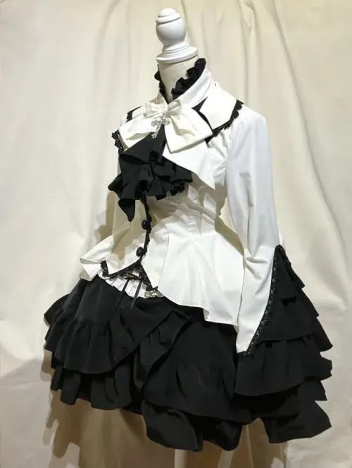 【MARBLE】マーブル　編み上げ巻きフリルスカート：白黒◆L〜LLサイズ◆