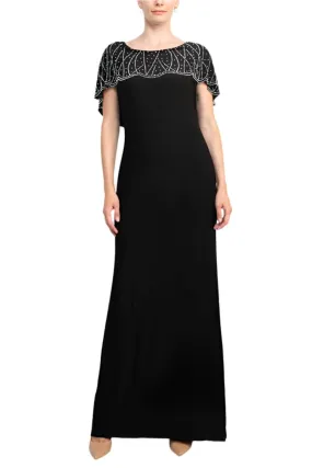Marina Boat Neck V-Back Beaded Capelet Shirt Sleeve Solid Jersey Long Gown