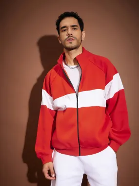 Men Red & White Colorblock Oversized Zipper Sweatshirt
