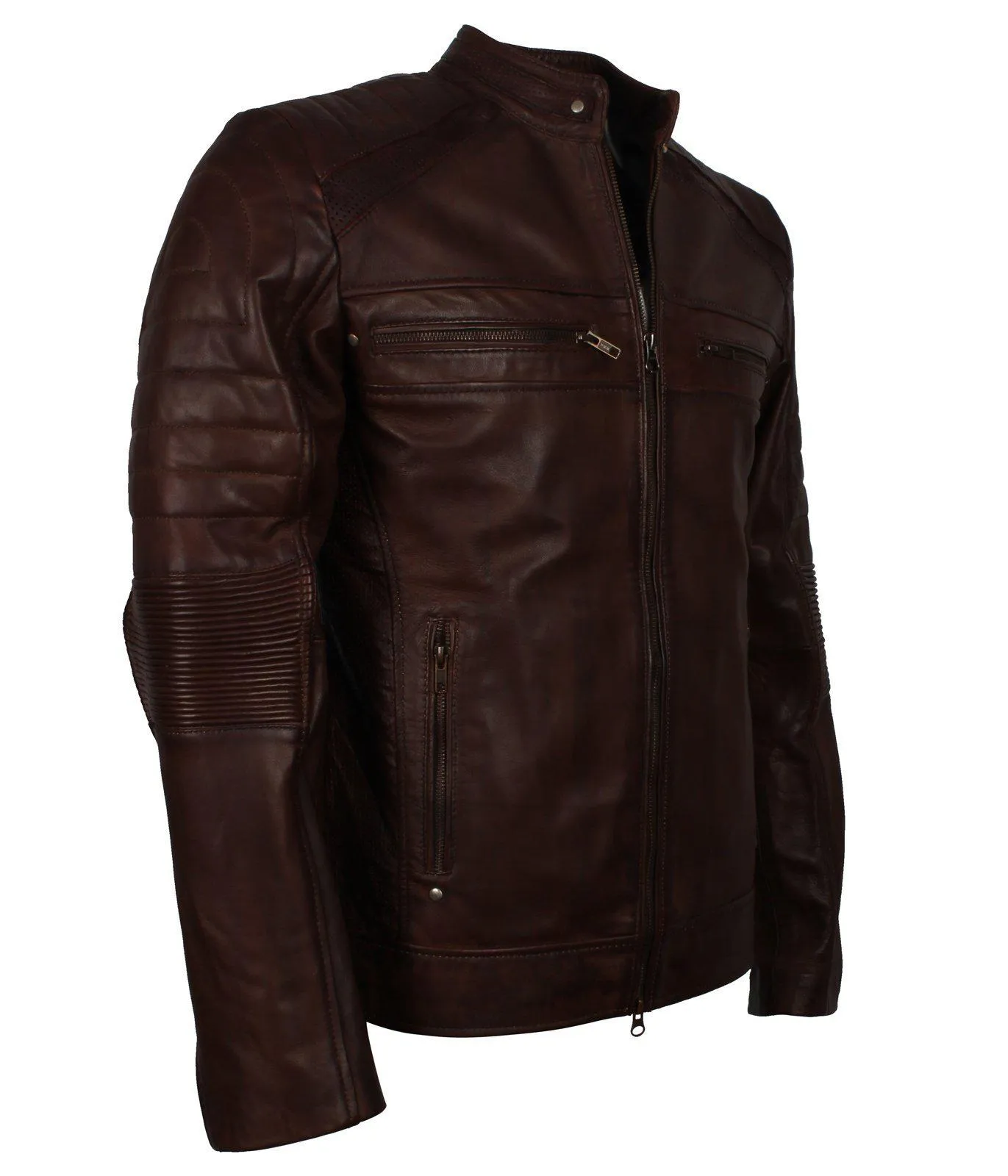 Men's Dark-Brown Distressed Cafe Racer Genuine Leather Jacket with Zipper Pockets
