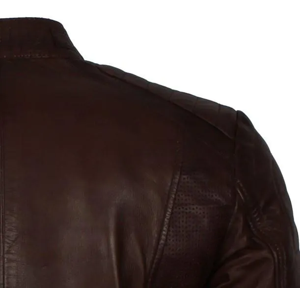 Men's Dark-Brown Distressed Cafe Racer Genuine Leather Jacket with Zipper Pockets