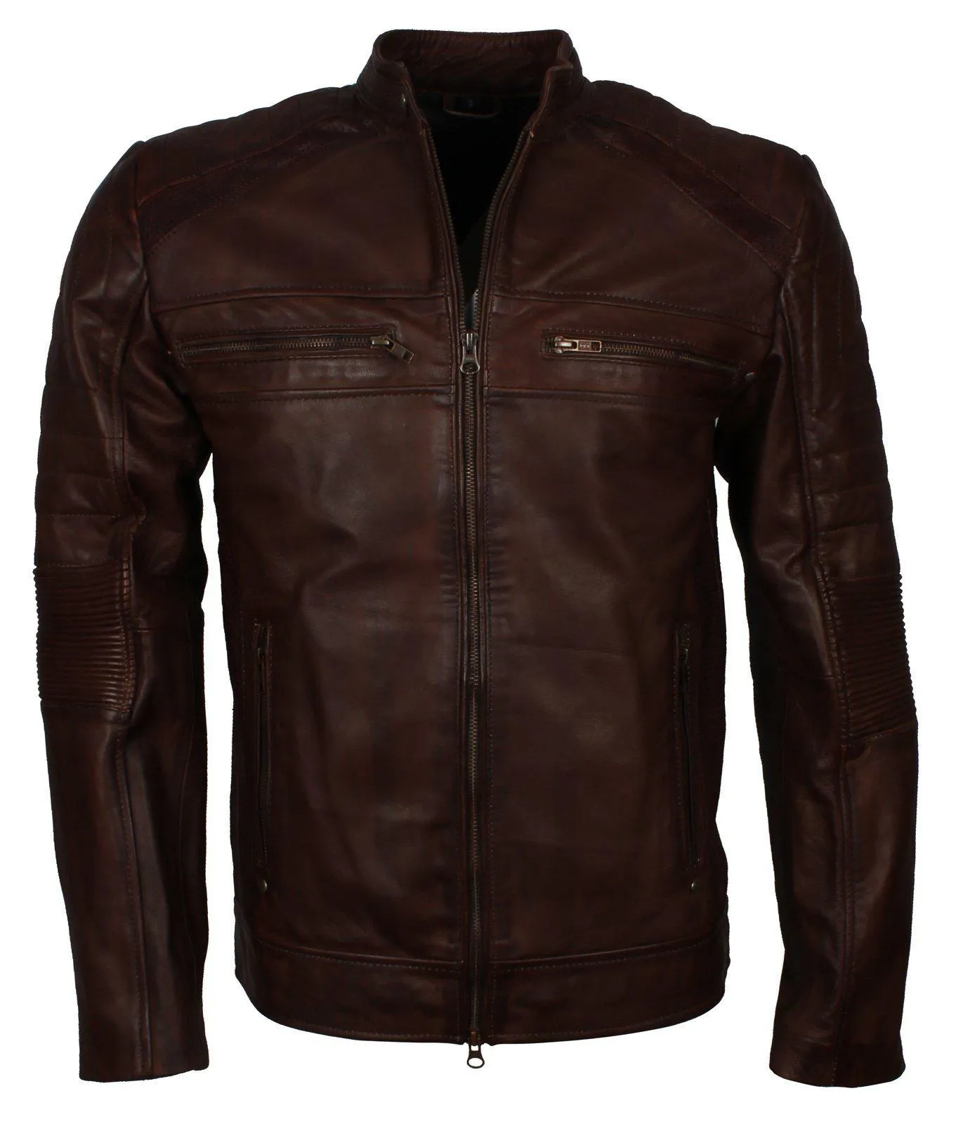 Men's Dark-Brown Distressed Cafe Racer Genuine Leather Jacket with Zipper Pockets