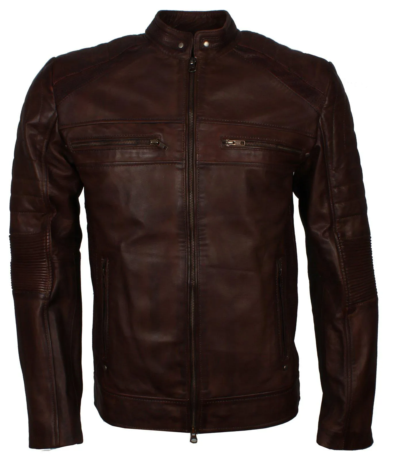 Men's Dark-Brown Distressed Cafe Racer Genuine Leather Jacket with Zipper Pockets