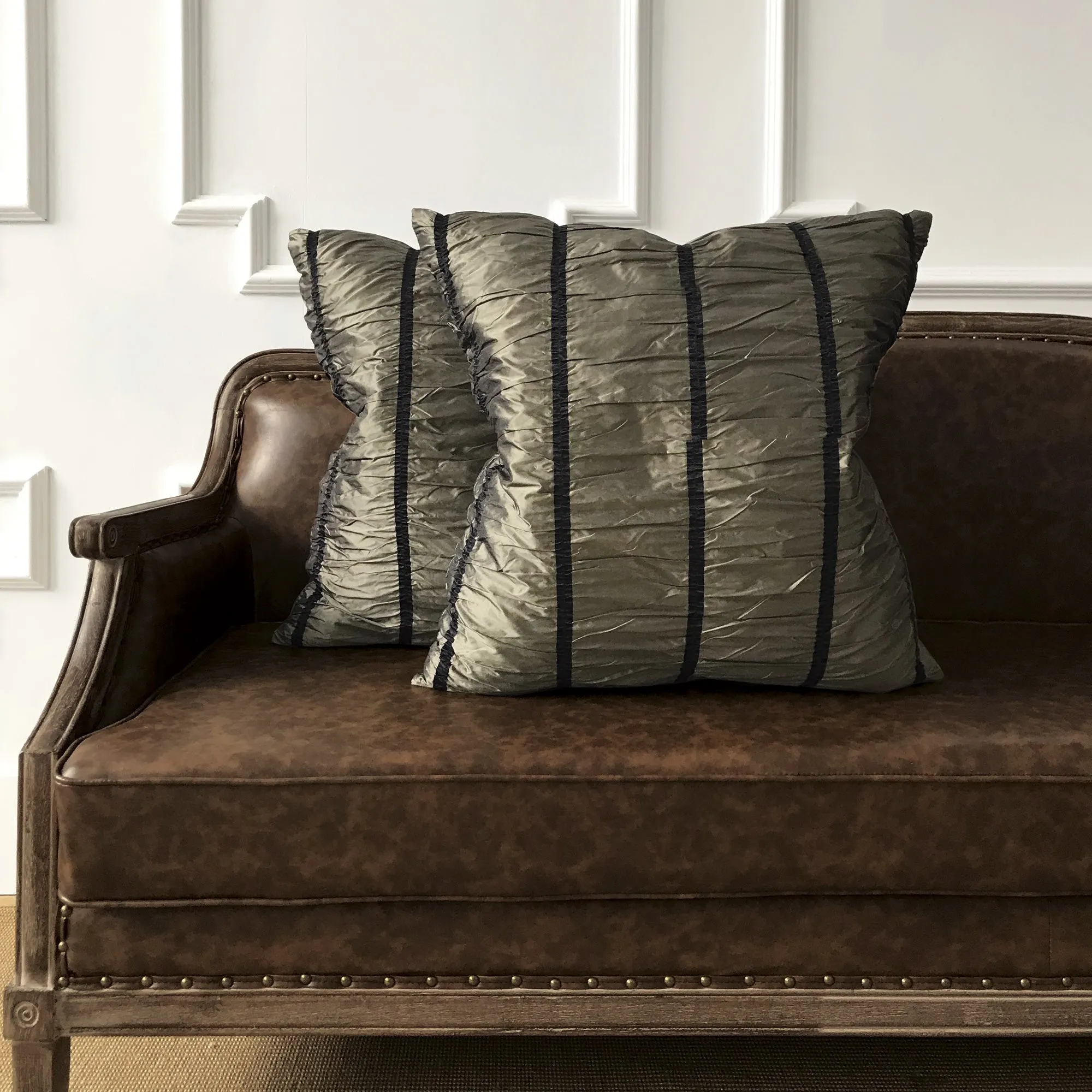 Metallic Bronze Silk Pleated Throw Pillow Cover 24x24