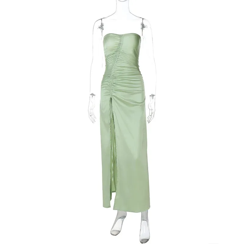 Mint Satin Strapless Slit Dress