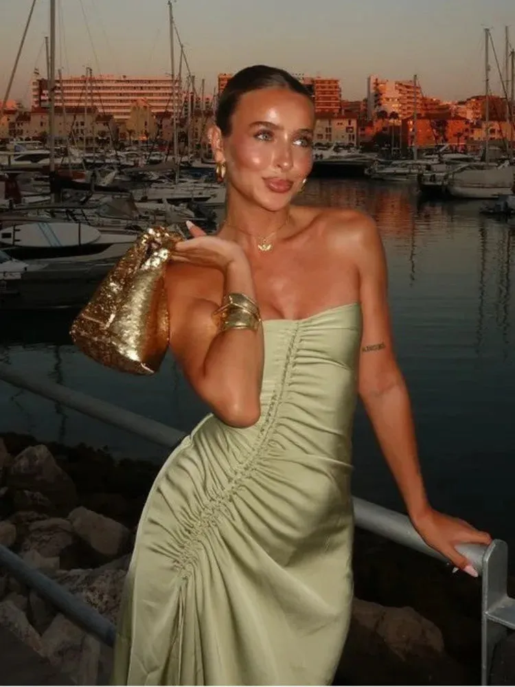 Mint Satin Strapless Slit Dress