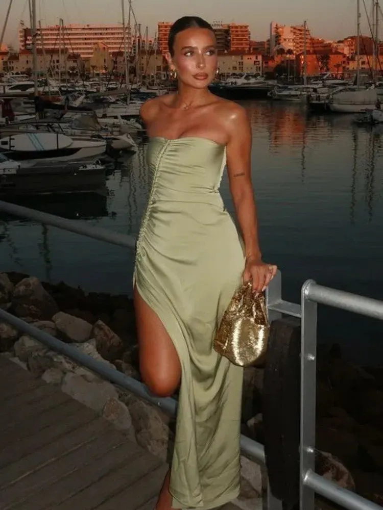 Mint Satin Strapless Slit Dress