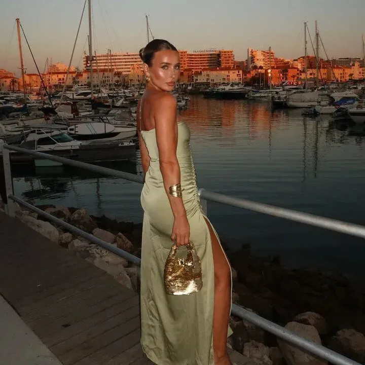 Mint Satin Strapless Slit Dress