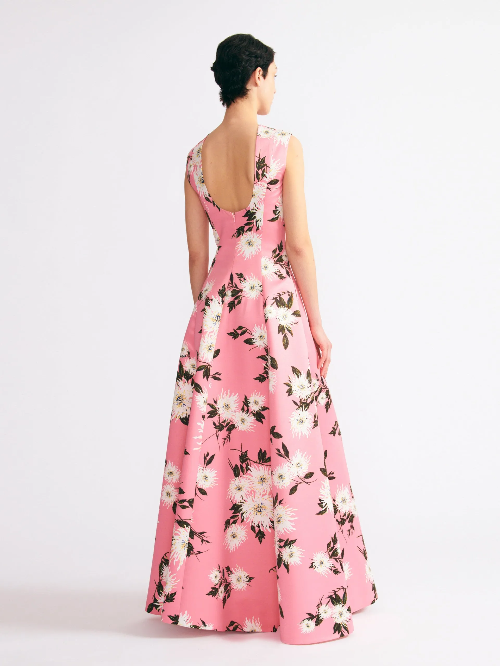 Nodin gown in pink dahlia floral print taffeta faille