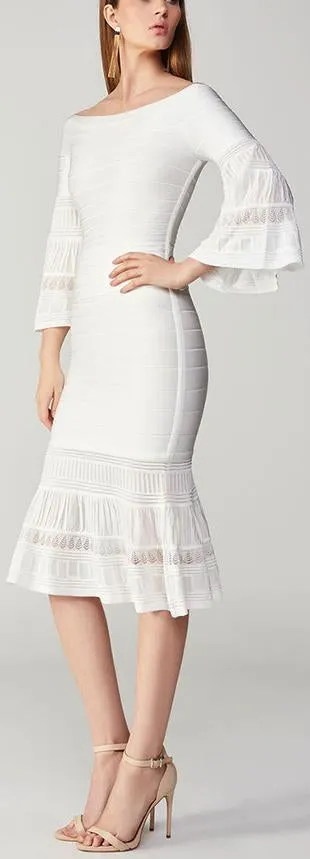 Off-the-Shoulder Bandage Knit Flared Sleeve Top and Skirt Set