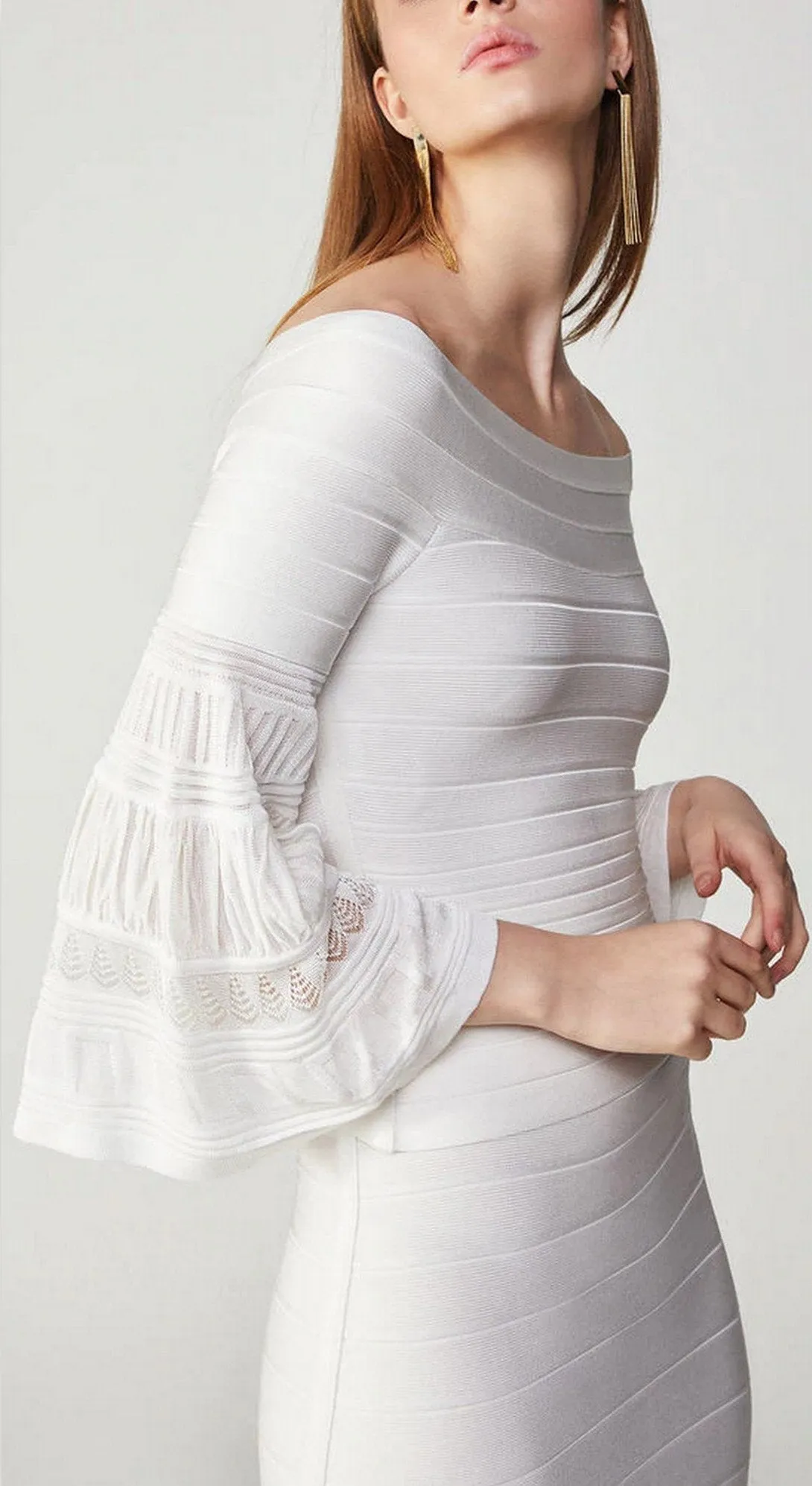 Off-the-Shoulder Bandage Knit Flared Sleeve Top and Skirt Set