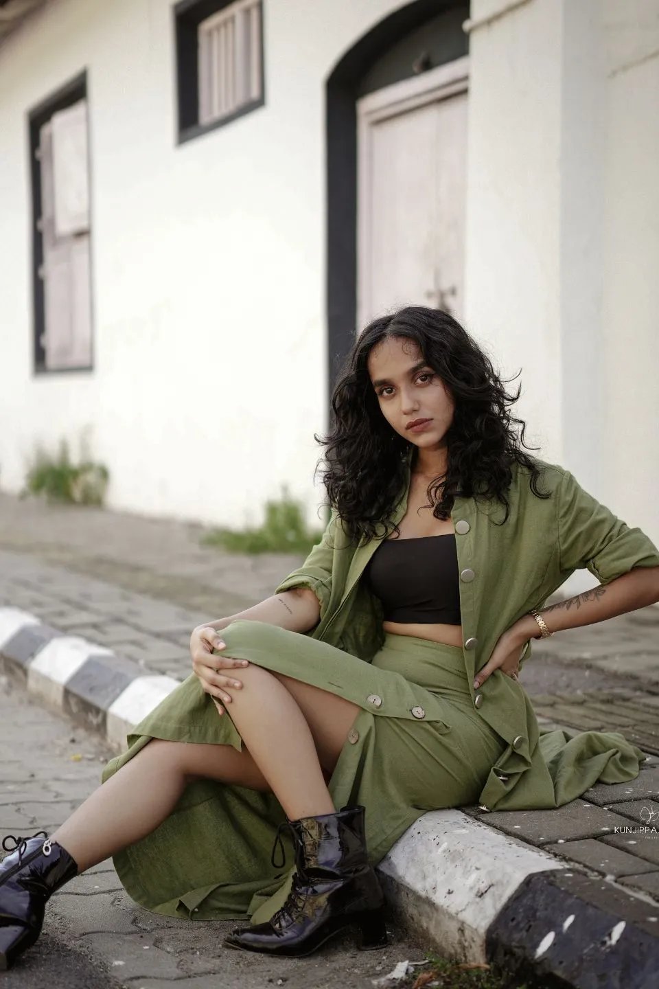Olive Recycled Cotton Long Slit Skirt