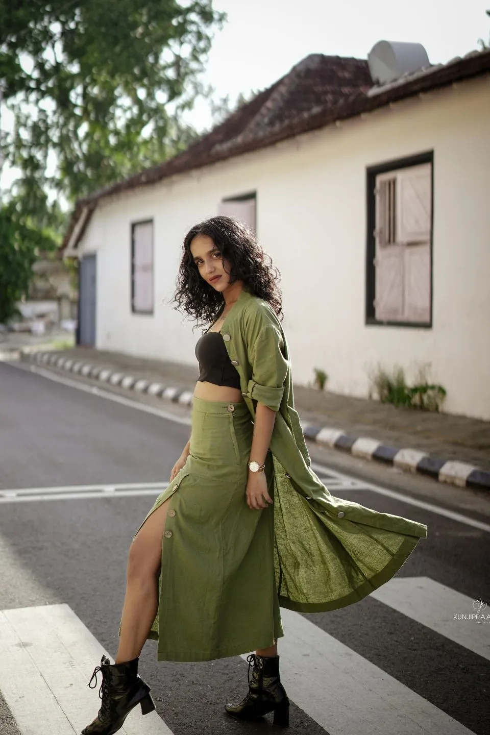 Olive Recycled Cotton Long Slit Skirt