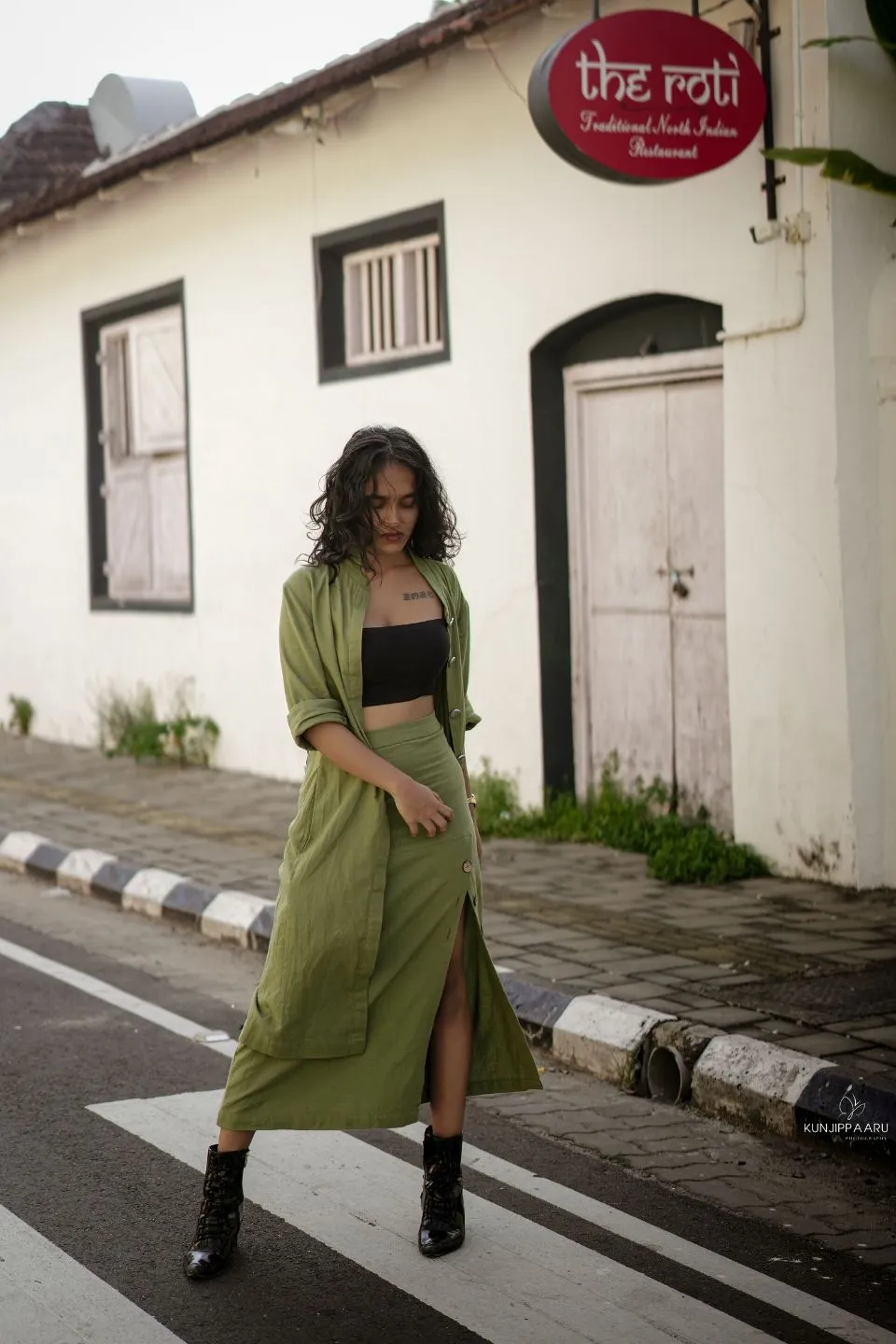 Olive Recycled Cotton Long Slit Skirt