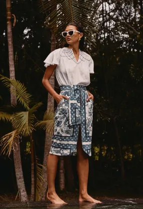 Once Was - Delray Linen Viscose Skirt in Ink Flè print