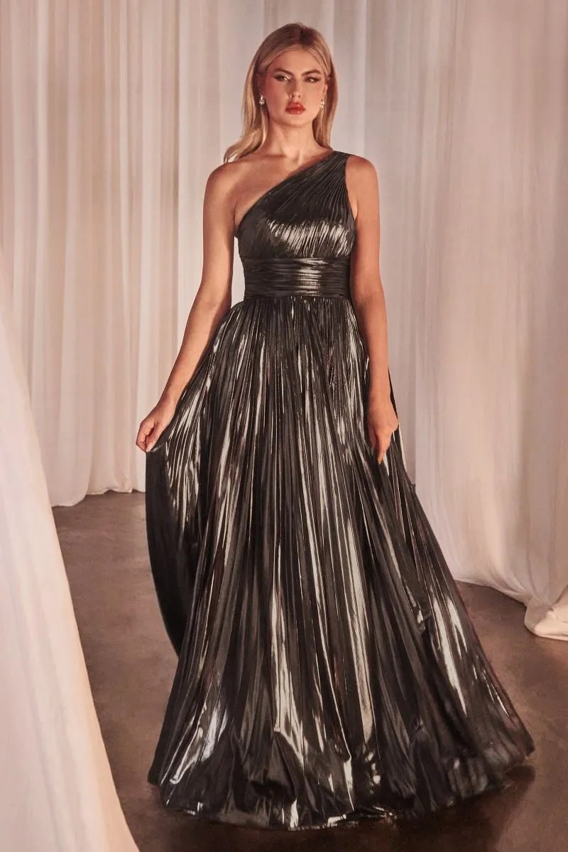 ONE SHOULDER METALLIC PLEATED A-LINE DRESS CDJ874