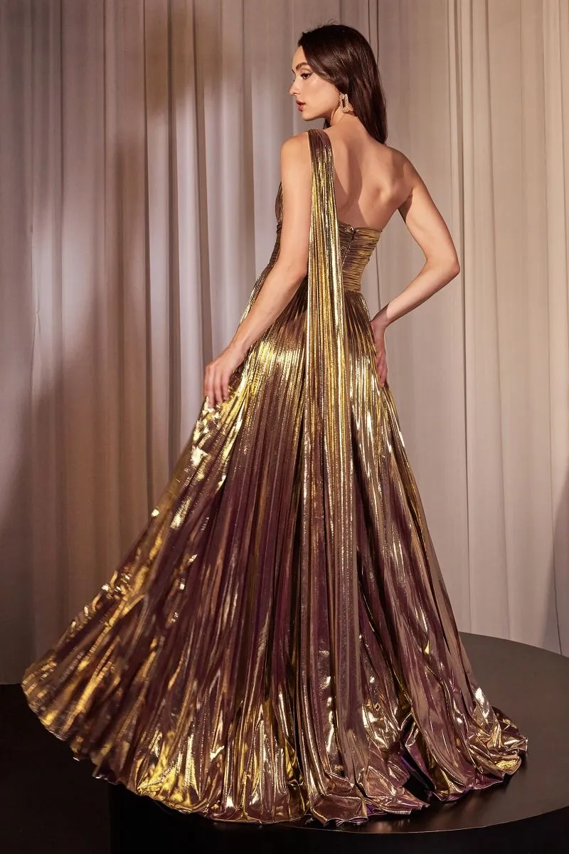 ONE SHOULDER METALLIC PLEATED A-LINE DRESS CDJ874