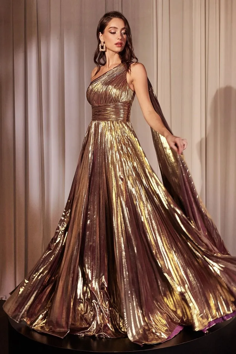 ONE SHOULDER METALLIC PLEATED A-LINE DRESS CDJ874
