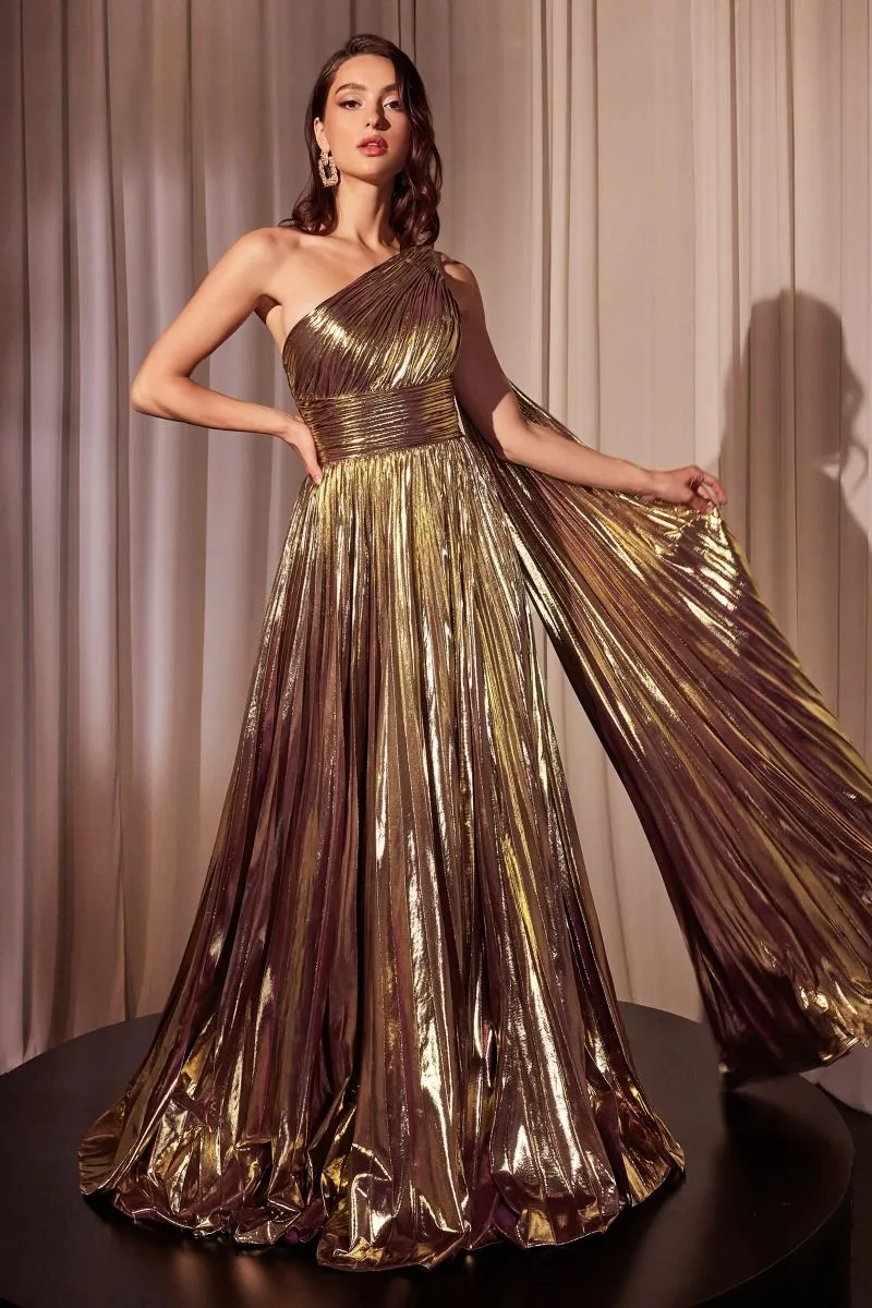 ONE SHOULDER METALLIC PLEATED A-LINE DRESS CDJ874