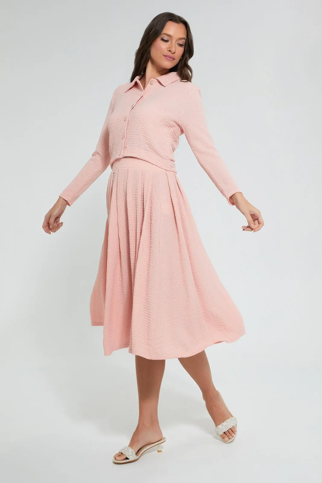 Pink Textured Pleated Skirt