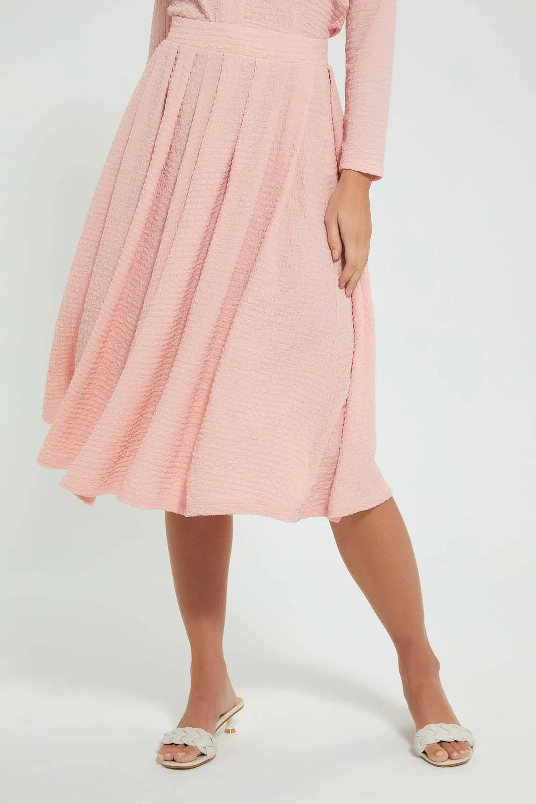 Pink Textured Pleated Skirt