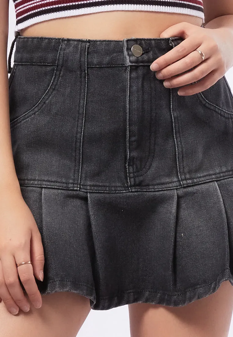 Pleated Mini Denim Skirt