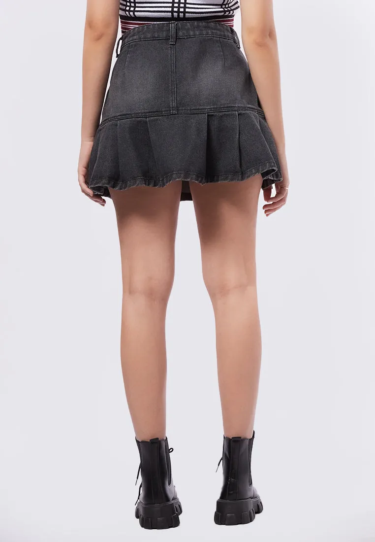 Pleated Mini Denim Skirt